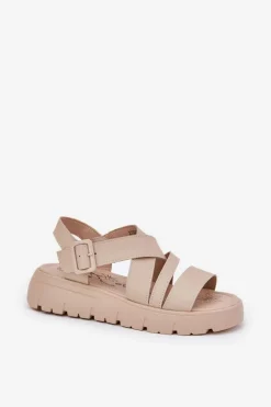 Skórzane Sandały Damskie Na Platformie Z Klamrą Beżowe Selianae