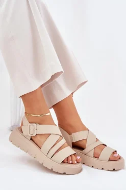 Skórzane Sandały Damskie Na Platformie Z Klamrą Beżowe Selianae