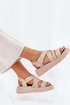 Skórzane Sandały Damskie Na Platformie Z Klamrą Beżowe Selianae