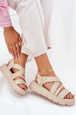 Skórzane Sandały Damskie Na Platformie Z Klamrą Beżowe Selianae
