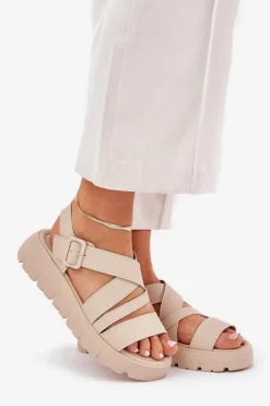 Skórzane Sandały Damskie Na Platformie Z Klamrą Beżowe Selianae