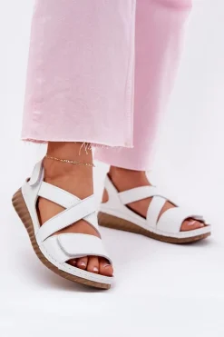 Skórzane Sandały Damskie Na Rzep Maciejka L6848-11 Białe