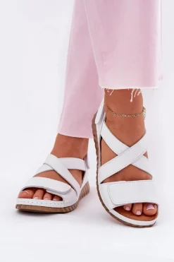 Skórzane Sandały Damskie Na Rzep Maciejka L6848-11 Białe