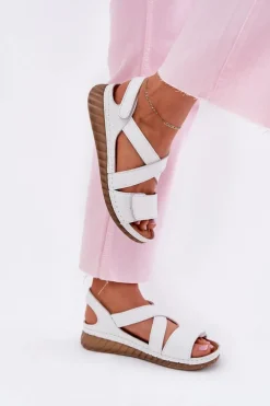 Skórzane Sandały Damskie Na Rzep Maciejka L6848-11 Białe