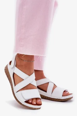 Skórzane Sandały Damskie Na Rzep Maciejka L6848-11 Białe