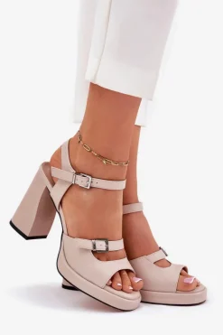 Skórzane Sandały Damskie Na Słupku Vinceza 77110 Beżowe