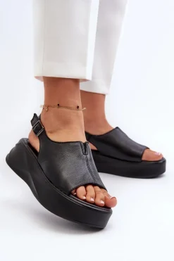 Skórzane Sandały Damskie Na Platformie D&A SJ2301-2 Czarne