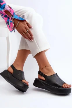 Skórzane Sandały Damskie Na Platformie D&A SJ2301-2 Czarne