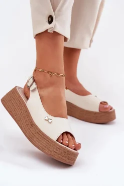 Skórzane Sandały Damskie Na Koturnie Vinceza 41476 Beżowe