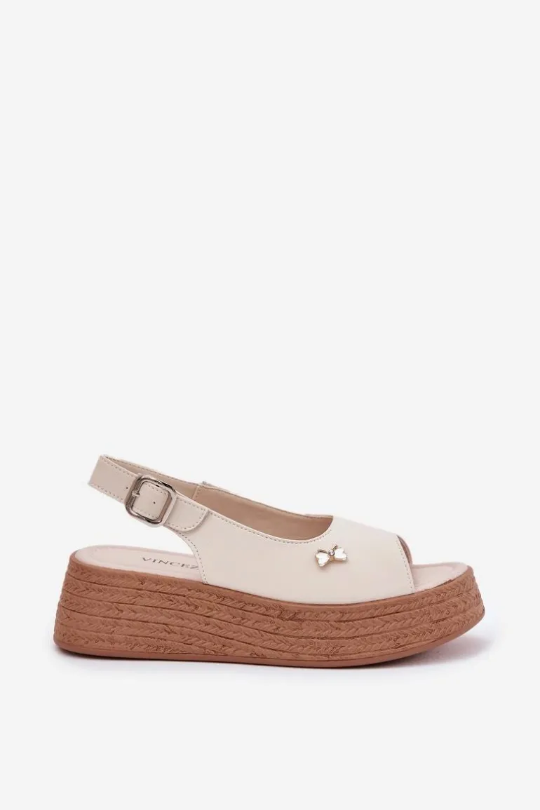 Skórzane Sandały Damskie Na Koturnie Vinceza 41476 Beżowe