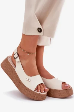 Skórzane Sandały Damskie Na Koturnie Vinceza 41476 Beżowe