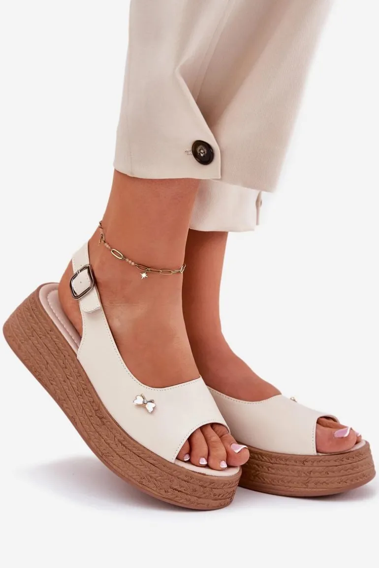 Skórzane Sandały Damskie Na Koturnie Vinceza 41476 Beżowe