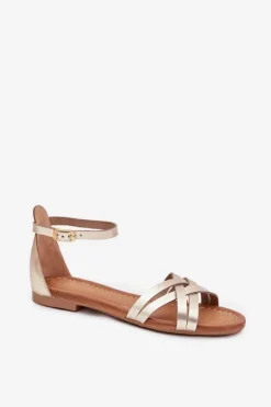 Skórzane Sandały Damskie Na Płaskim Obcasie Maciejka 07029-25 Złote