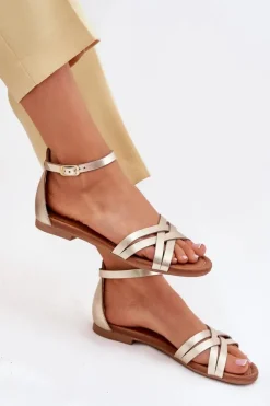 Skórzane Sandały Damskie Na Płaskim Obcasie Maciejka 07029-25 Złote