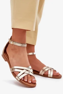 Skórzane Sandały Damskie Na Płaskim Obcasie Maciejka 07029-25 Złote