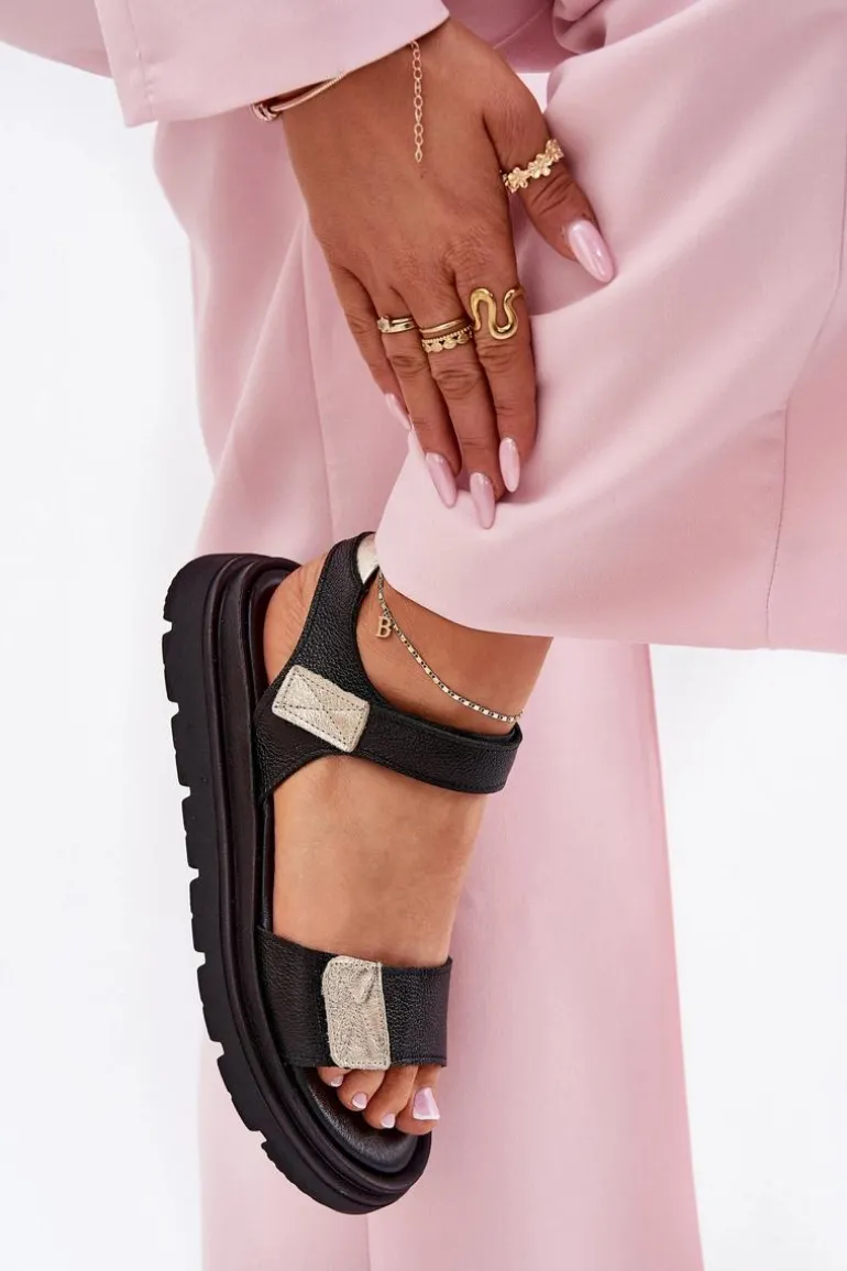 Skórzane Sandały Damskie Na Platformie Zazoo 40443 Czarne