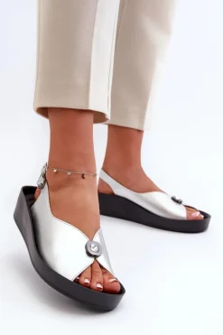 Skórzane Sandały Damskie Na Koturnie I Platformie S.Barski KV27-020 Srebrne