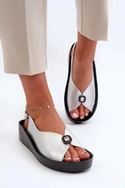 Skórzane Sandały Damskie Na Koturnie I Platformie S.Barski KV27-020 Srebrne