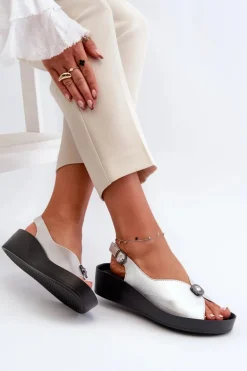 Skórzane Sandały Damskie Na Koturnie I Platformie S.Barski KV27-020 Srebrne