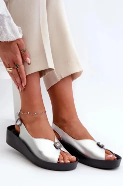 Skórzane Sandały Damskie Na Koturnie I Platformie S.Barski KV27-020 Srebrne