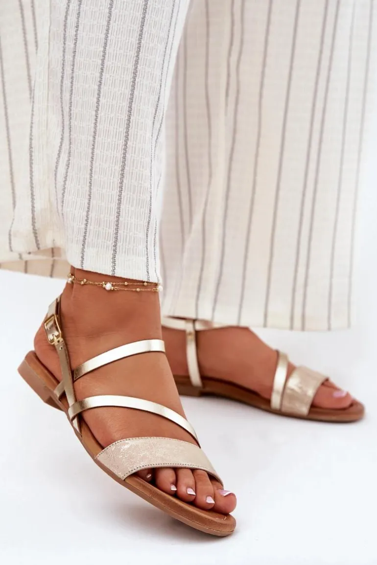 Skórzane Sandały Damskie Na Płaskim Obcasie Maciejka 06966-25 Złote