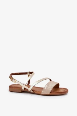 Skórzane Sandały Damskie Na Płaskim Obcasie Maciejka 06966-25 Złote