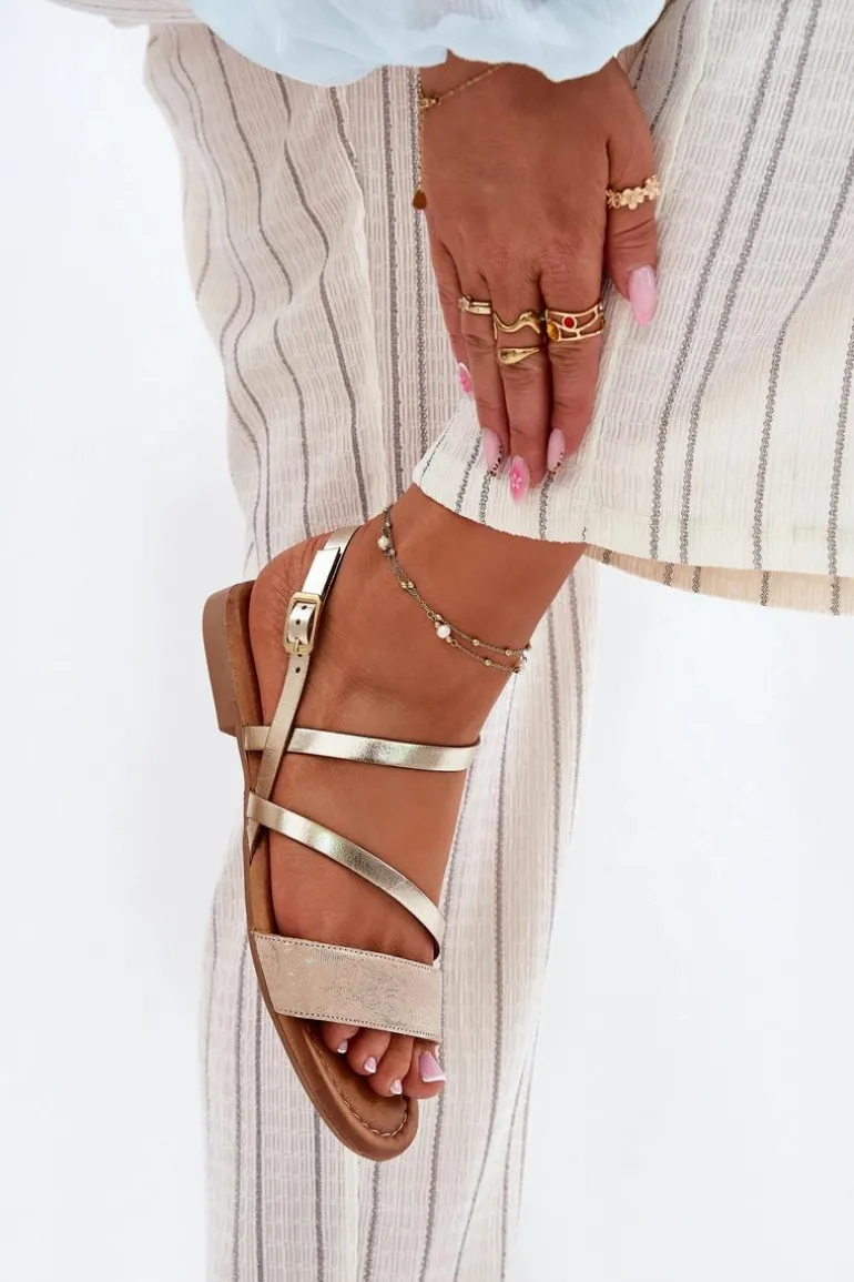 Skórzane Sandały Damskie Na Płaskim Obcasie Maciejka 06966-25 Złote