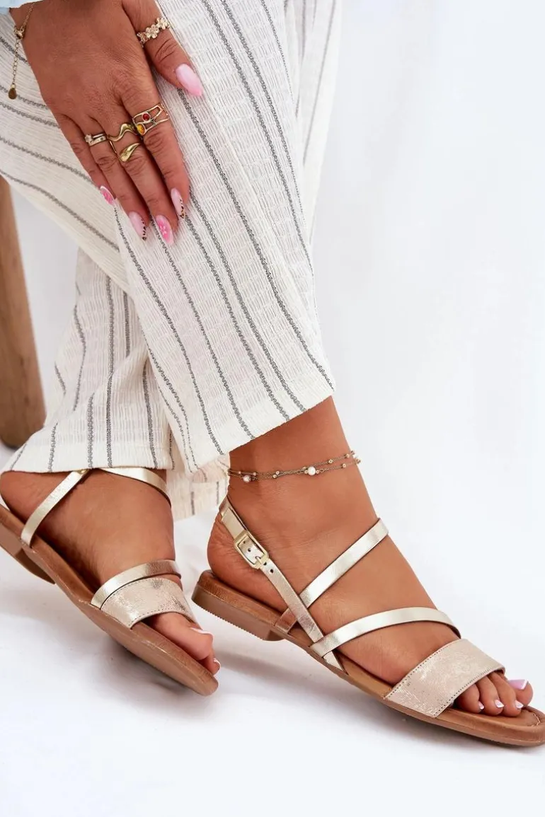 Skórzane Sandały Damskie Na Płaskim Obcasie Maciejka 06966-25 Złote