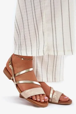 Skórzane Sandały Damskie Na Płaskim Obcasie Maciejka 06966-25 Złote