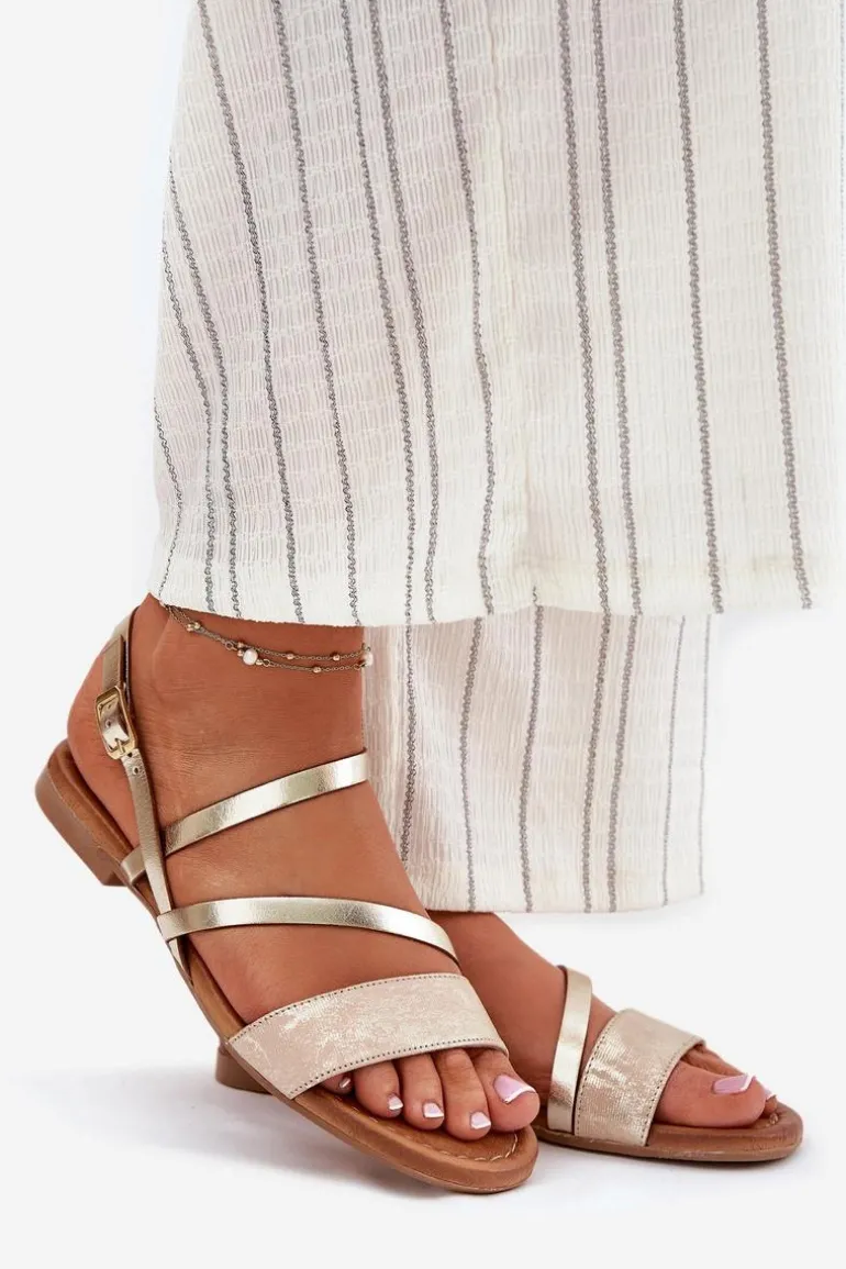 Skórzane Sandały Damskie Na Płaskim Obcasie Maciejka 06966-25 Złote