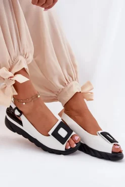 Skórzane Sandały Damskie Na Koturnie z Ozdobą Artiker 56C2157 Białe