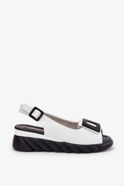 Skórzane Sandały Damskie Na Koturnie z Ozdobą Artiker 56C2157 Białe