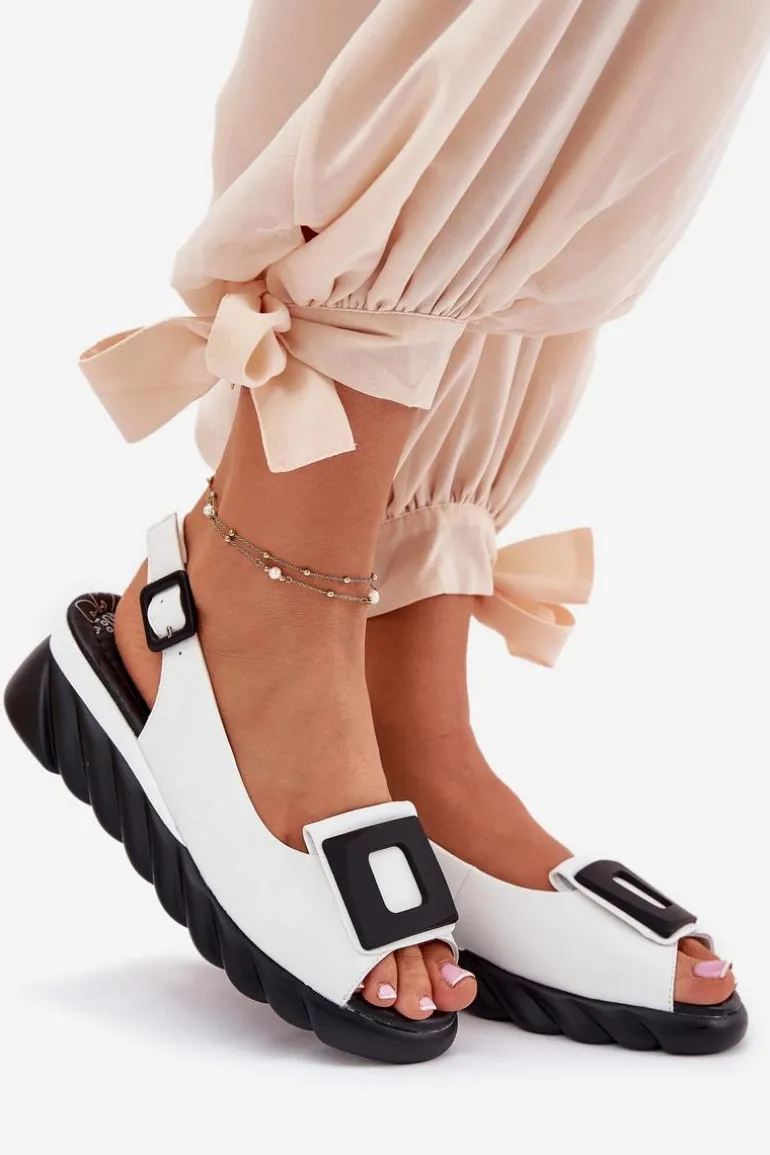 Skórzane Sandały Damskie Na Koturnie z Ozdobą Artiker 56C2157 Białe