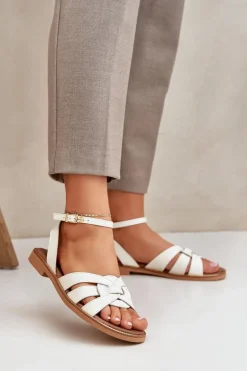 Skórzane Sandały Damskie Na Płaskim Obcasie Zazoo 3688 Ecru