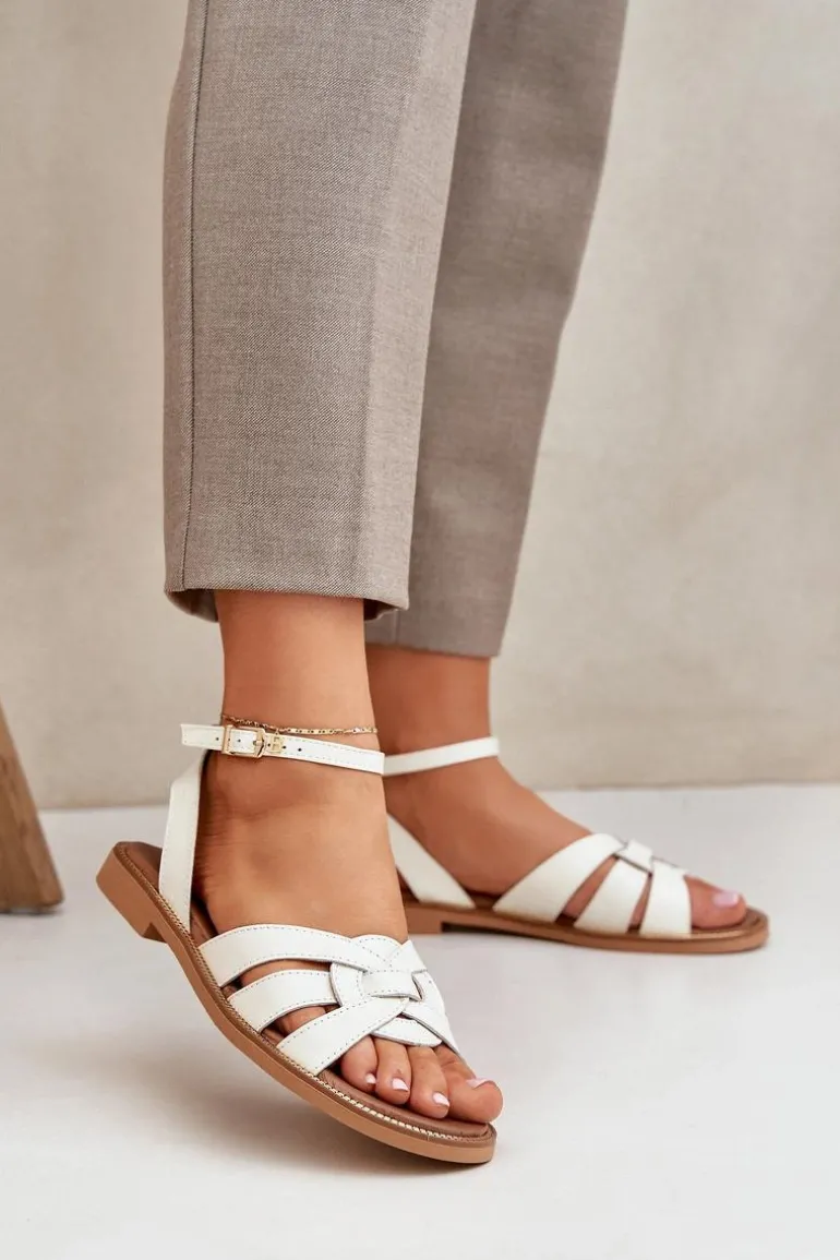 Skórzane Sandały Damskie Na Płaskim Obcasie Zazoo 3688 Ecru