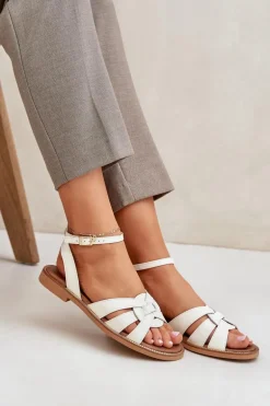 Skórzane Sandały Damskie Na Płaskim Obcasie Zazoo 3688 Ecru