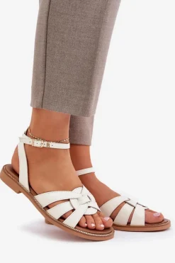 Skórzane Sandały Damskie Na Płaskim Obcasie Zazoo 3688 Ecru