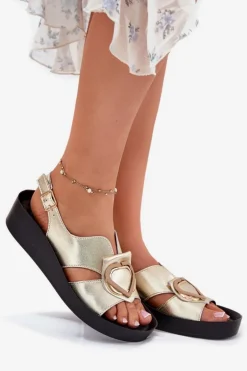 Skórzane Sandały Damskie Na Koturnie S.Barski KV51-031 Złote