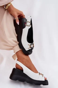 Skórzane Sandały Damskie Na Koturnie I Platformie Z Ozdobą Artiker 56C1588 Białe