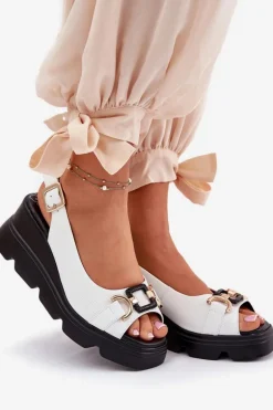 Skórzane Sandały Damskie Na Koturnie I Platformie Z Ozdobą Artiker 56C1588 Białe