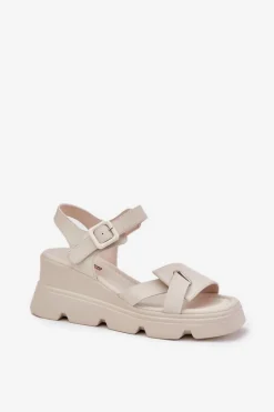 Skórzane Sandały Damskie Na Koturnie Artiker 54C1624 Beżowe