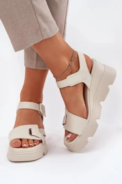 Skórzane Sandały Damskie Na Koturnie Artiker 54C1624 Beżowe