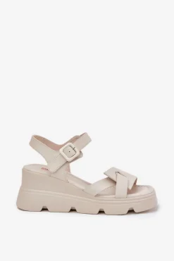 Skórzane Sandały Damskie Na Koturnie Artiker 54C1624 Beżowe