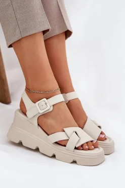 Skórzane Sandały Damskie Na Koturnie Artiker 54C1624 Beżowe