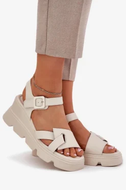 Skórzane Sandały Damskie Na Koturnie Artiker 54C1624 Beżowe