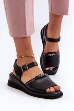 Skórzane Sandały Damskie Na Koturnie Vinceza 66624 Czarne