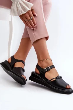 Skórzane Sandały Damskie Na Koturnie Vinceza 66624 Czarne