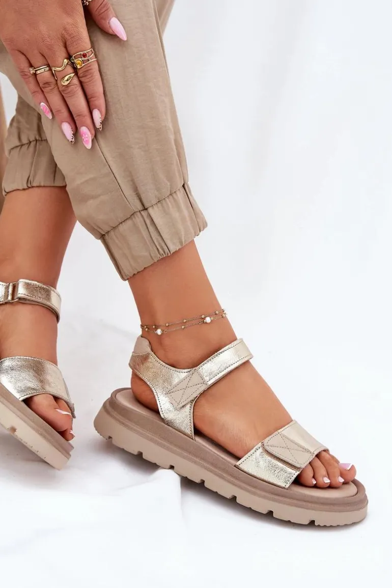 Skórzane Sandały Damskie Na Platformie Zazoo 40443 Złote