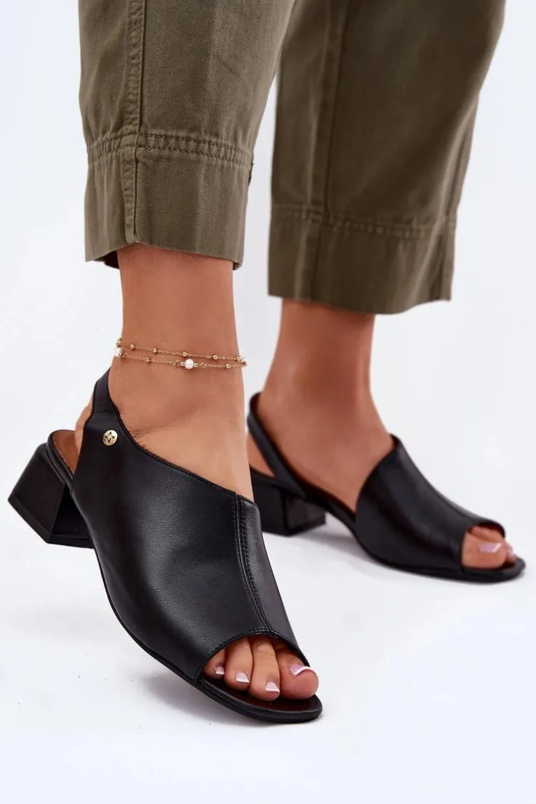 Skórzane Sandały Damskie Na Klocku Maciejka 06975-01 Czarne