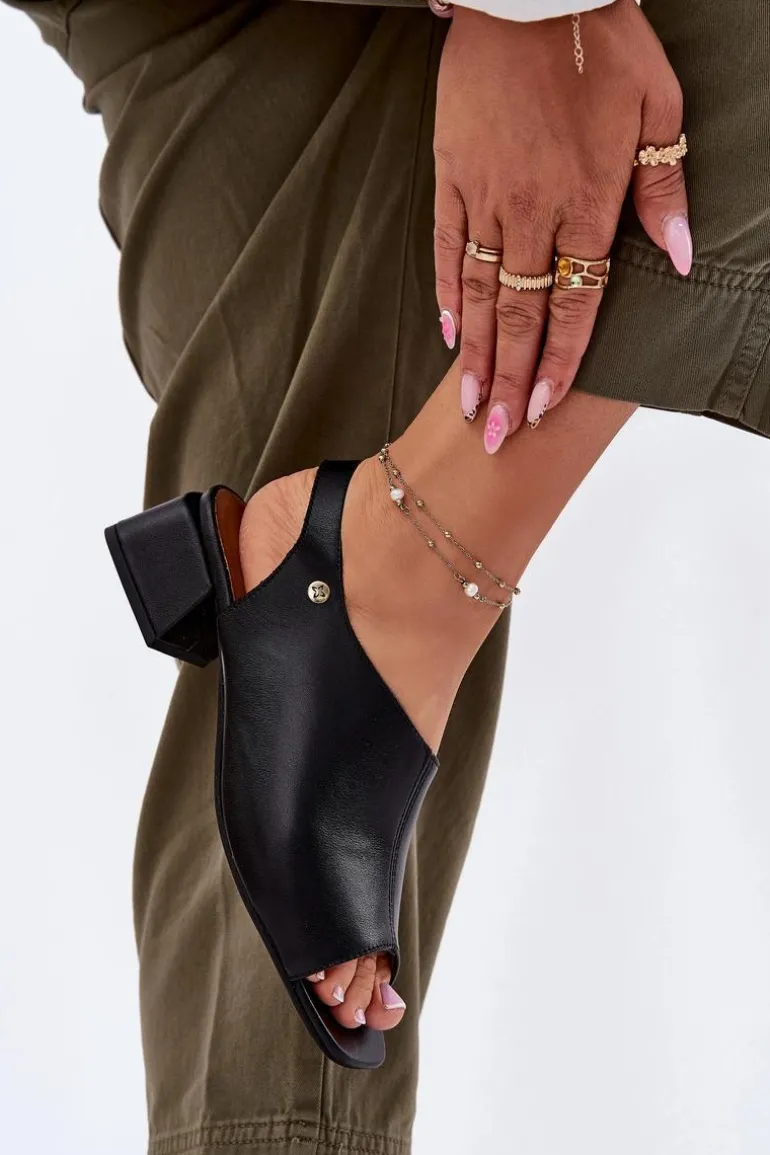 Skórzane Sandały Damskie Na Klocku Maciejka 06975-01 Czarne